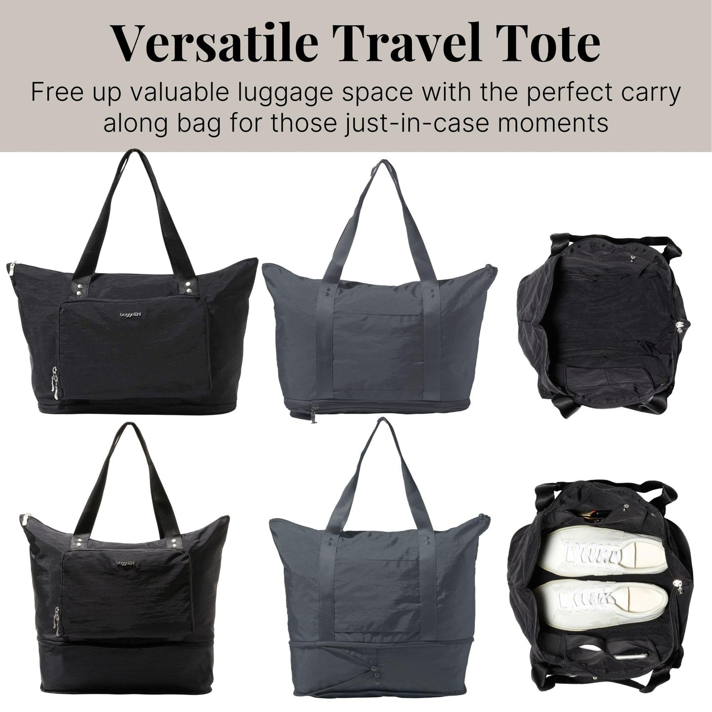 Baggallini Women's Carryall Expandable Packable Tote, Black