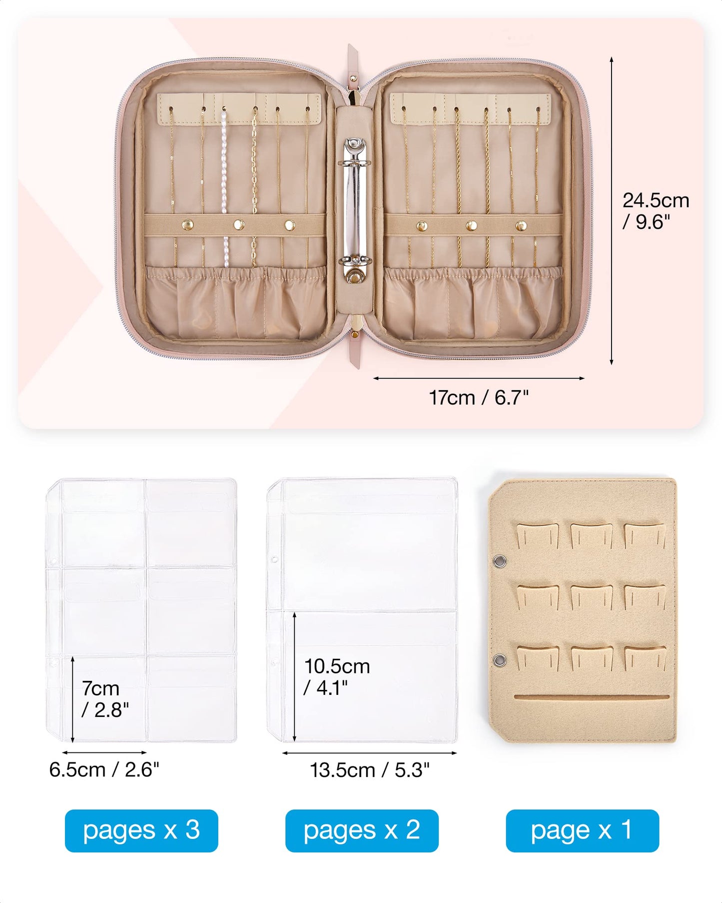 BAGSMART Large Jewelry Travel Organizer Case for Home Jewelry Organizer Storage Ring Binder Jewelry Bags Clear Jewelry Rolls Zipper Pouch Bag for Necklaces, Earrings, Rings, Bracelets, Pink