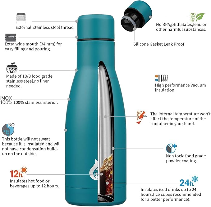 BJPKPK Insulated Water Bottle 12oz Small Stainless Steel Water Bottles Reusable Metal Thermal Keep Cold and Hot,Laguna