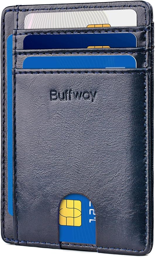 Buffway Slim Minimalist Front Pocket RFID Blocking Leather Wallets for Men and Women - Alaska Blue