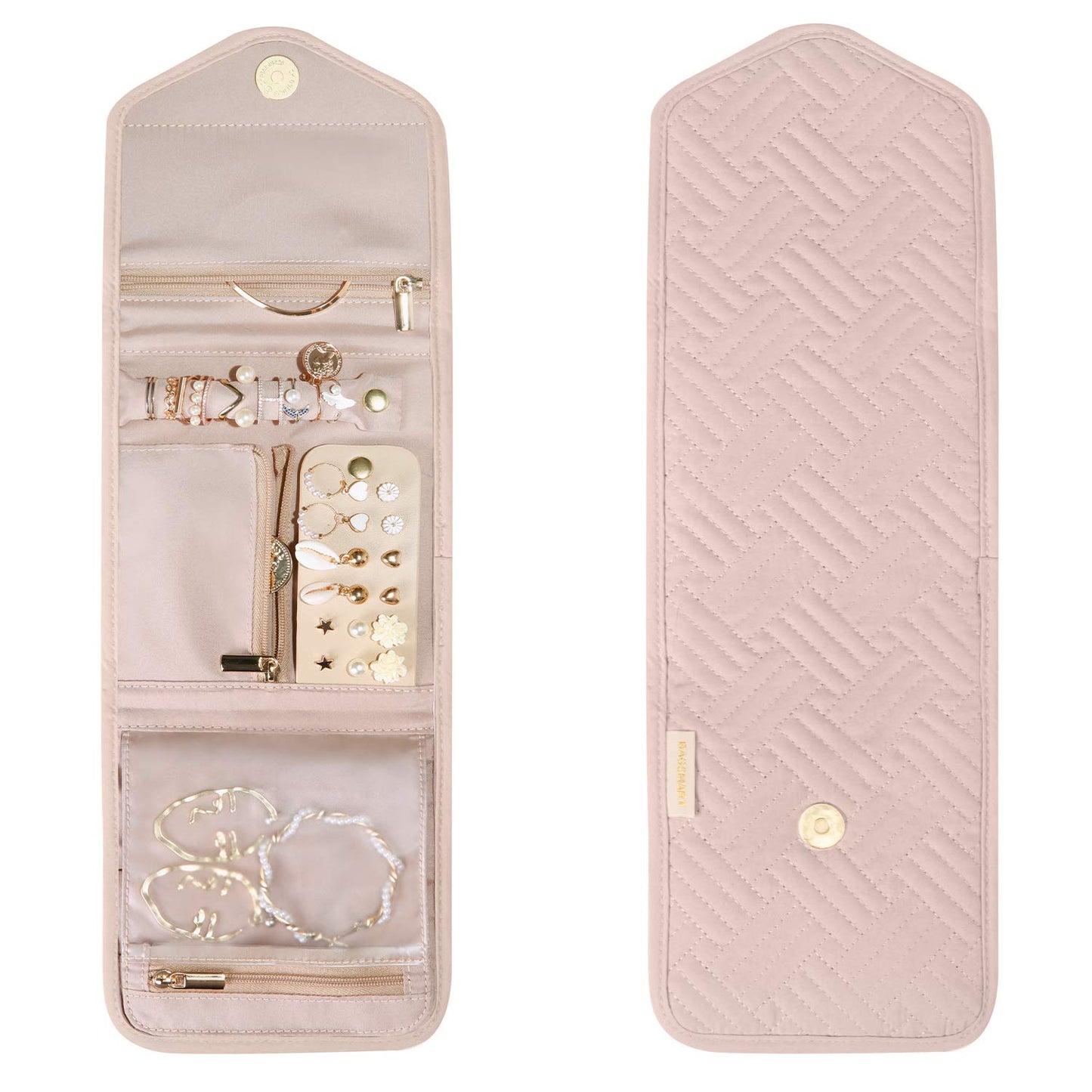 BAGSMART Travel Jewelry Organizer Case Foldable Jewelry Roll for Journey Rings, Necklaces, Earrings, Bracelets,Mini,Soft Pink