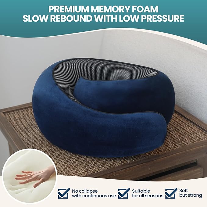 Travel Pillow uses Memory Foam to Support Neck Comfort, car Travel, Compact,Airplane Sleep Pillow Dark Blue
