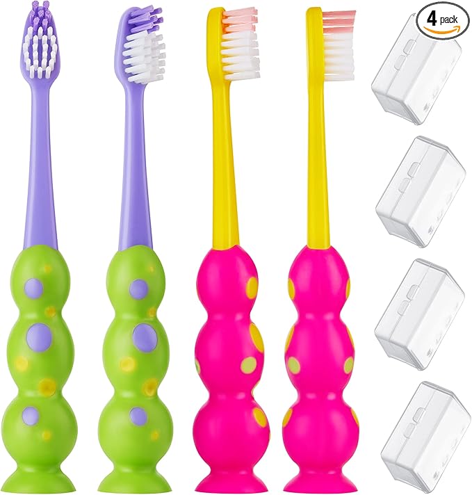 Kids Toothbrush 4 Pack - Soft Contoured Bristles - Child Sized Brush Heads (3-10 Year Old) - Suction Cup for Fun & Easy Storage - Girl & Boy Set (Green & Pink)