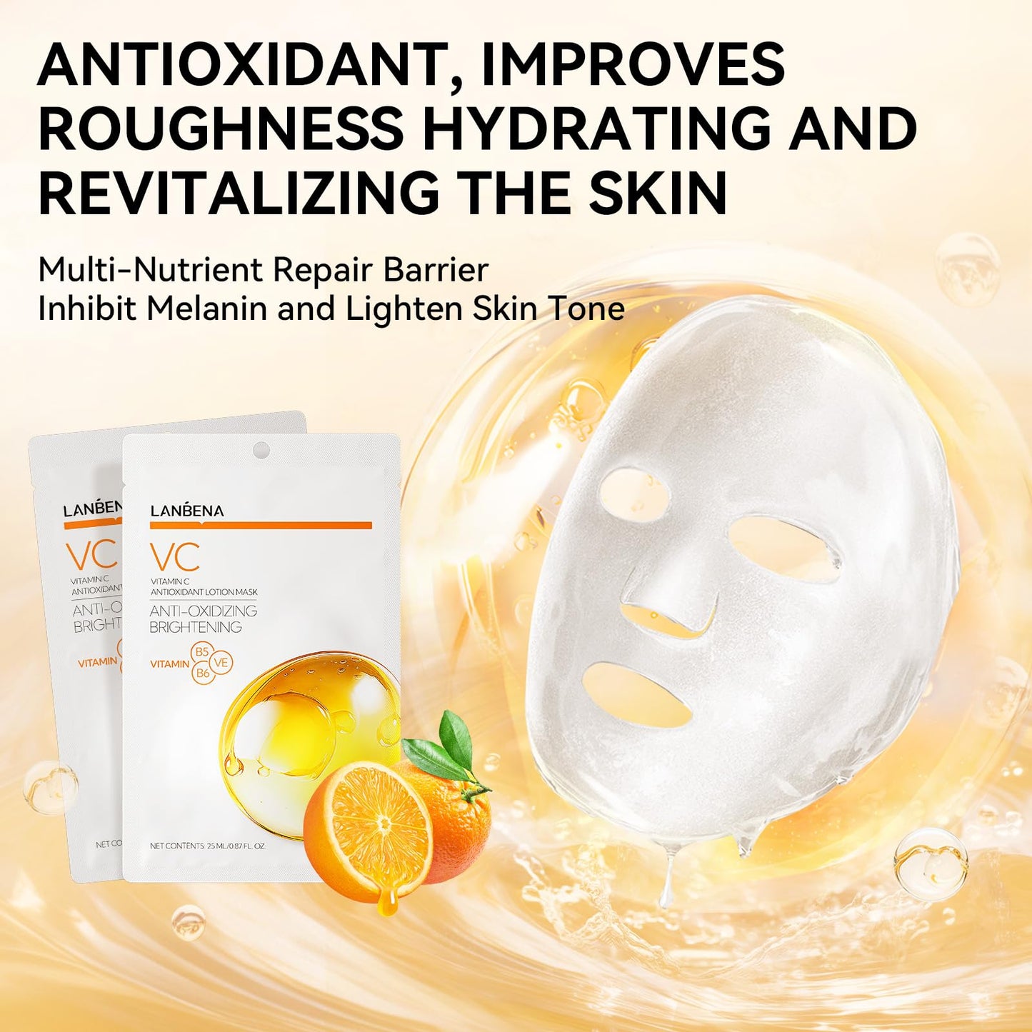 LANBENA VITAMIN C Hydrating Sheet Masks Brightening Firming Anti Aging - Overynight Hydrating Face Mask for All Skin Types Moisturizing Spa Skincare -1 Pack