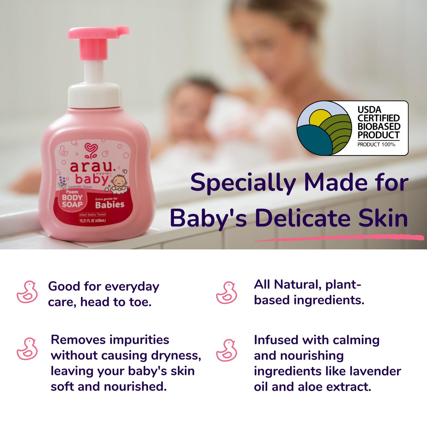 Arau Baby Foam Body Soap Lavender Scent, Natural Plant Based Baby Wash, No Artificial Fragrance or Additives, Gentle for Baby’s Sensitive Skin, Nourishing and Easy Rinse, 15.21 Fl Oz, 3 Pack