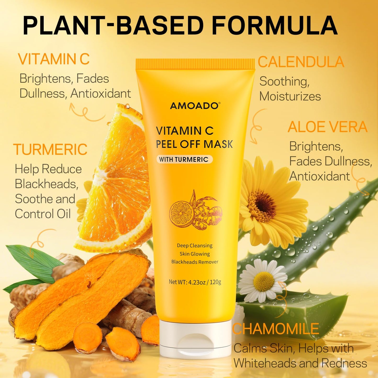 AMOADO Blackhead Remover Mask, Peel Off Face Mask with Vitamin C & Turmeric for Men and Women–Deep Cleansing Nose Facial Mask for Blackheads, Pores & Oil Control with Pimple Extractor and Brush