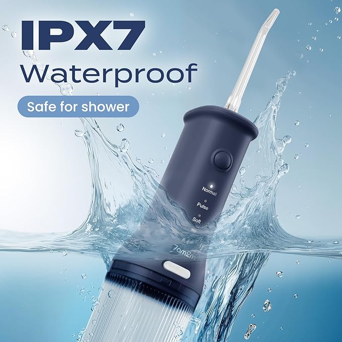 7AM2M Portable Water Flosser Cordless, Water Flosser for Teeth with 3 Modes and 2 Jet Tips, USB C Rechargeable, IPX7 Waterproof, Dental Water Flosser for Travel and Home Use (Navy Blue)
