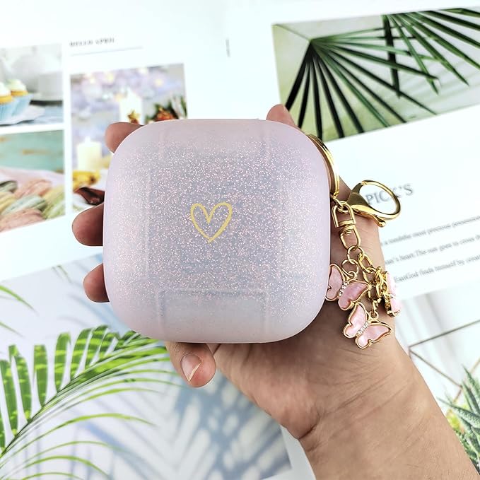 Compatible with Powerbeats Pro, Soft Silicone Case with Gold Heart Pattern for Powerbeats Pro Case with Cute Butterfly Keychain for Girls Women (Rose Gold)