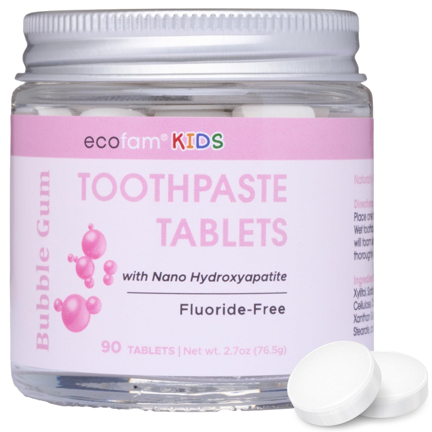 EcoFam Toothpaste Tablets – Bubblegum | Nano Hydroxyapatite Toothpaste Tablets Kids - Chewable - Made with Xylitol | Fluoride Free l 90 Tabs