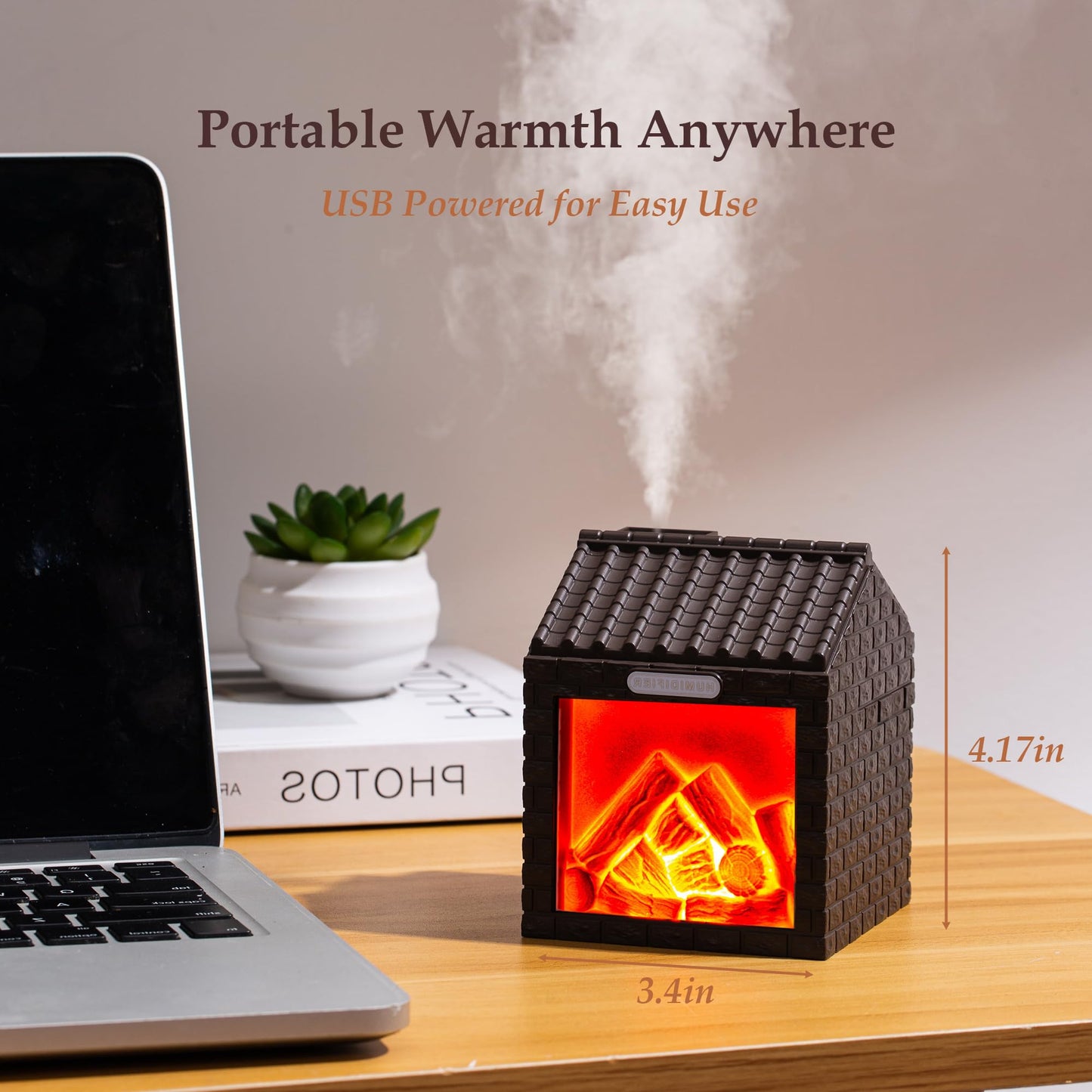 Mini Fireplace Cool Mist Humidifier with Flame Light, USB Powered, Auto Shut-Off, Portable for Bedroom Office Travel, 200ml, Coffee Brown