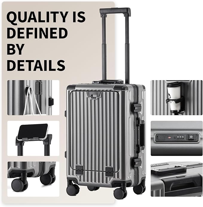 20 Inch Zipperless Carry On Luggage 22x14x9 Airline Approved With Spinner Wheels,Aluminium Frame Hard Shell Travel Suitcase with TSA Approved Cup Holder USB Port Holder for Women Men,Grey