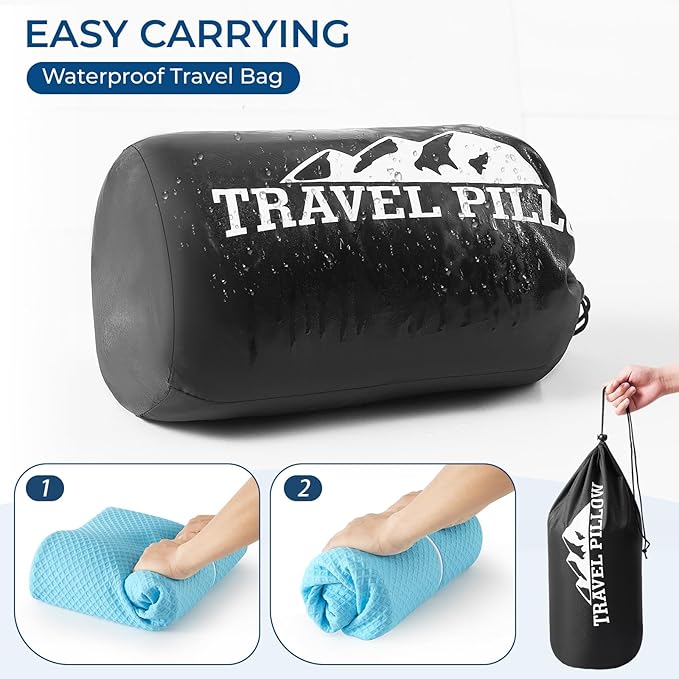 Travel Pillow Memory Foam Pillows, Ergonomic Wave Cervical Neck Pillow for Neck Pain Relief, Compressible Medium Firm Side Sleeper Pillow, Ideal for Camping, Office, Home & Bed (Light Blue, S)