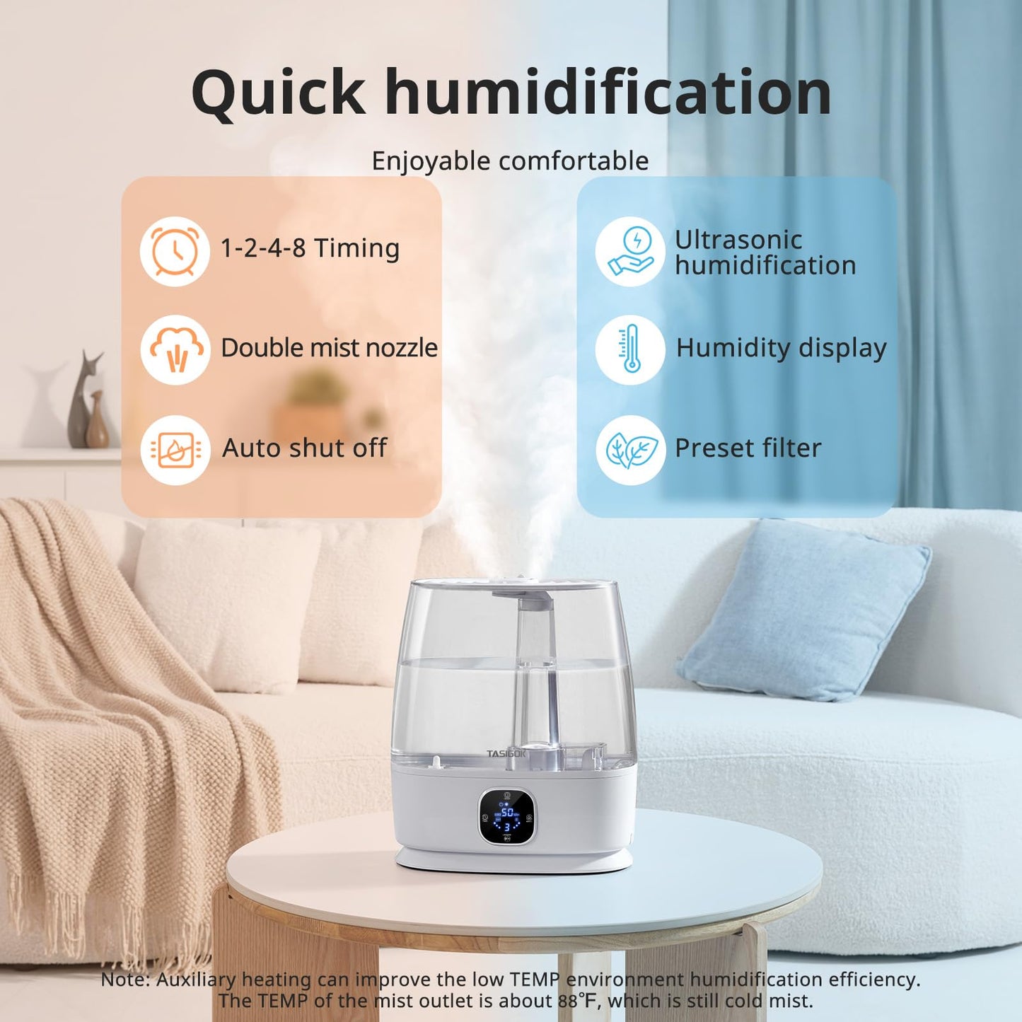 TASIGOK Humidifiers for Bedroom Home, 6L Cool and Warm Mist Air Humidifier for Large Room Baby Nursery, 50H Easy Clean and Top Fill, Quiet with Ultrasonic, Essential Oils, Auto Mode, for House, Plants