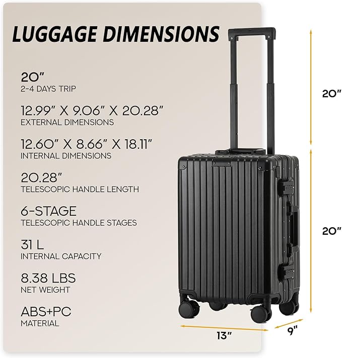 20 Inch Zipperless Carry On Luggage 22x14x9 Airline Approved with Spinner Wheels,Hard Shell Small Rolling Suitcase with TSA Approved for Travel Business Women Men,Black