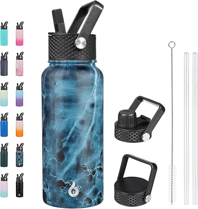BJPKPK Insulated Water Bottles with Straw Lid, 32oz Metal Large Water Bottle with 3 Lids, Reusable Leak Proof BPA Free Thermo, Stainless Steel Tumblers for Sports, Gym, Travel-Ocean