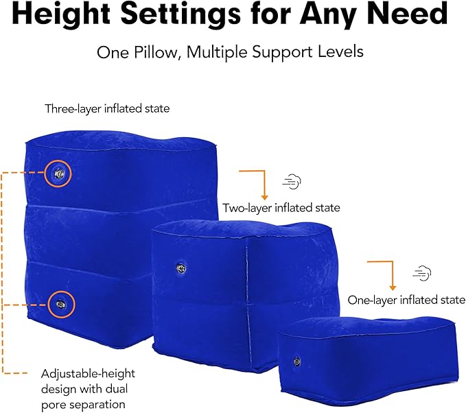 Inflatable Foot Rest Pillow for Travel, Adjustable 3 Layers Height Cushion Kids/Adults Airplane Travel Pillow, Suitable for Office, Home, Trains, Cars - Blue