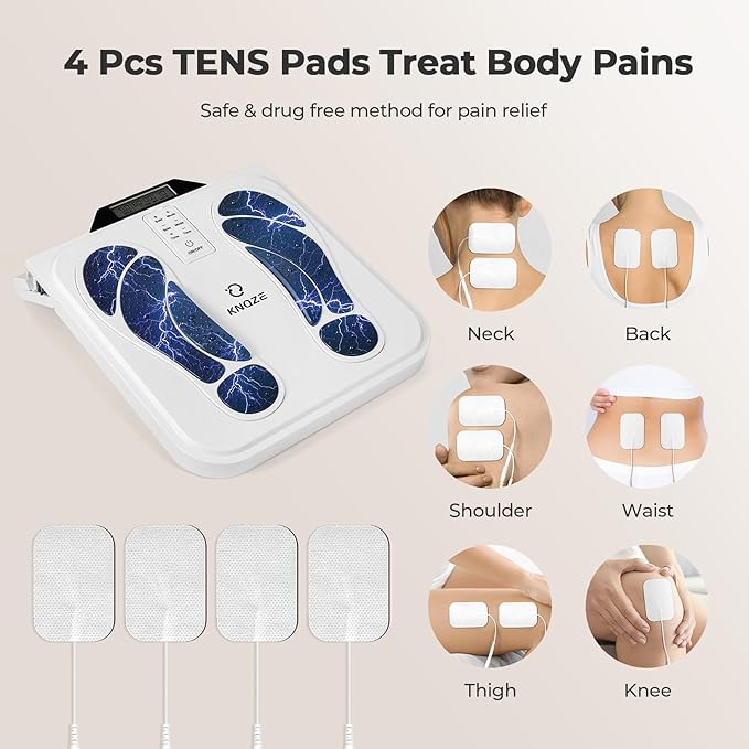 KNQZE EMS Foot Massager for Neuropathy, TENS EMS Foot Nerve Circulation Stimulator for Pain Relief, 10 Modes and 50 Intensities, 4 Body Pads, Relieve Swelling, Cramps, Plantar Fasciitis