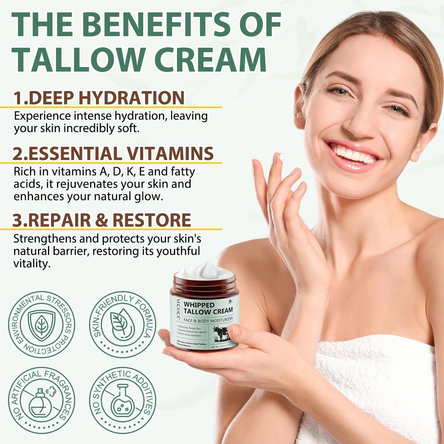 Beef Tallow for Skin, Tallow and Honey Balm, All Natural Moisturizer Hydrates and Nourishes the Skin, Deeply Moisturizing for Face & Body, Organic Grass Fed Whipped Beef Tallow & Honey Beeswax-4.2 Oz