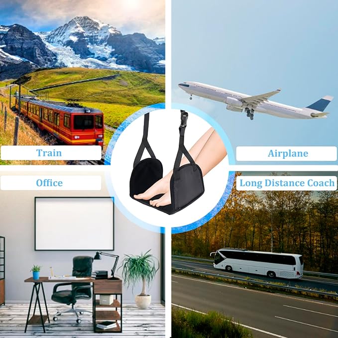 Airplane Travel Foot Hammock Made with Premium Memory Foam, No Collapse Airplane Footrest with Extended Adjustment Strap, Foot Hammock & Portable Plane Leg Rest, Provides Relaxation and Comfortable
