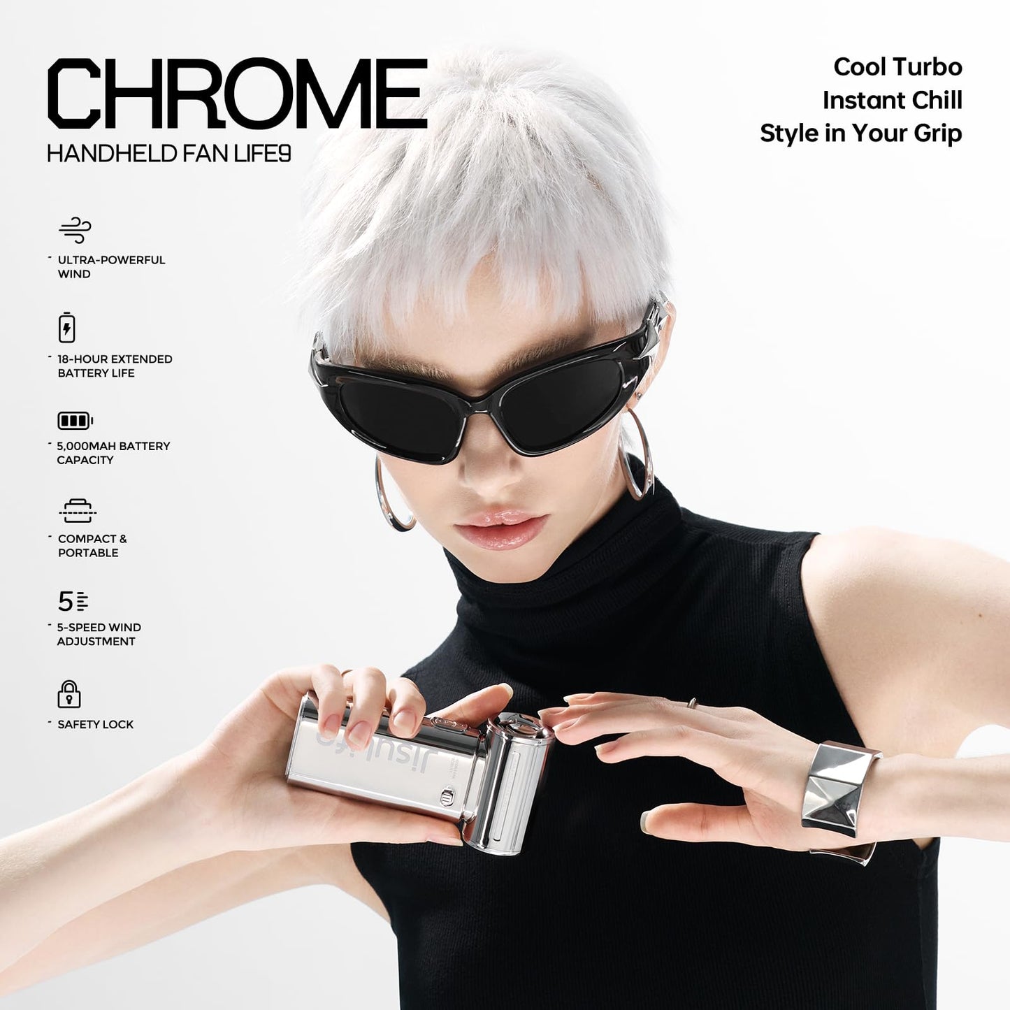 JISULIFE Portable Handheld Fan Life9, Turbo Power High Speed Air [18H Max Cooling Time], 5 Gear Wind, 5000mAh Rechargeable, Mini Pocket Design, Personal Fan for Travel Concerts Camping Makeup - Chrome