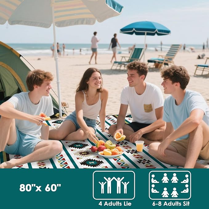 80"x60" Waterproof Picnic Blanket Large Outdoor Camping Blanket Foldable Picnic Camping Blanket Thicker Machine Washable Picnic Mat Portable Wearable for Picnics, Camping
