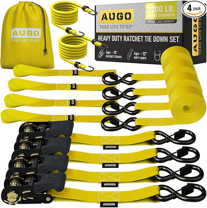AUGO Ratchet Straps Heavy Duty 4 Pack -15 FT - 2200 LB Break Strength – with Safety Lock S Hooks - Cargo Straps for Moving, Appliances, Motorcycle – Soft Loop Tie Down Straps