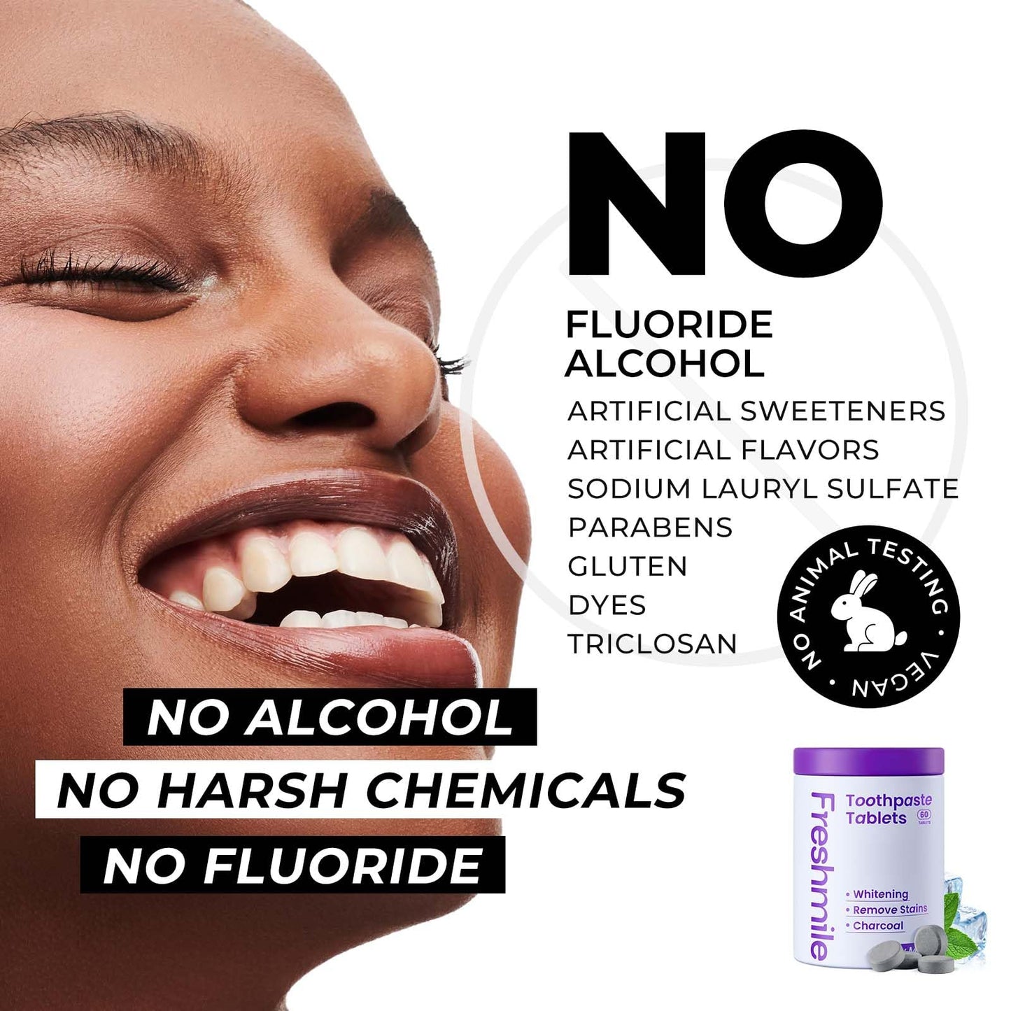 Freshmile Whitening Toothpaste Tablets with Nano-Hydroxyapatite (NHA) for Smokers, Super Cold, Fluoride-Free, Charcoal Powder Whitening, Deep Clean, Enamel Repair, Travel-Friendly Tabs (60 Count)