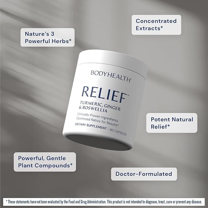 BodyHealth Inflam Relief, Joint Supplement, Relief for Back, Knees, Hands, with Turmeric, Boswellia, Ginger, All Natural, Non-GMO, Gluten Free (90 Capsules)