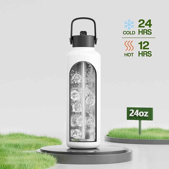 24 oz Travel Water Bottle for Teens: Standard Mouth, Leakproof, BPA-Free, Easy Hold Handle, Insulated Stainless Steel Thermos with Straw for School, Outdoors, Running, Camping, Sport (Frost White)