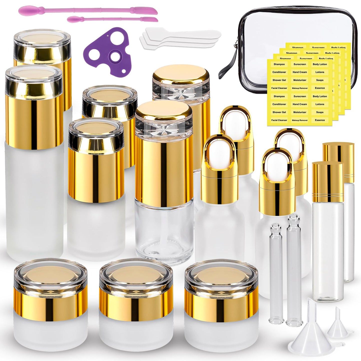 30 Pack TSA Approved Glass Travel Skincare Containers, 1.3/1/0.7/0.3oz Refillable Traveling Size Containers with Pump, Jars & Essential Oil Bottle in Clear Zip Bag, Leak-Proof for Creams & Liquids