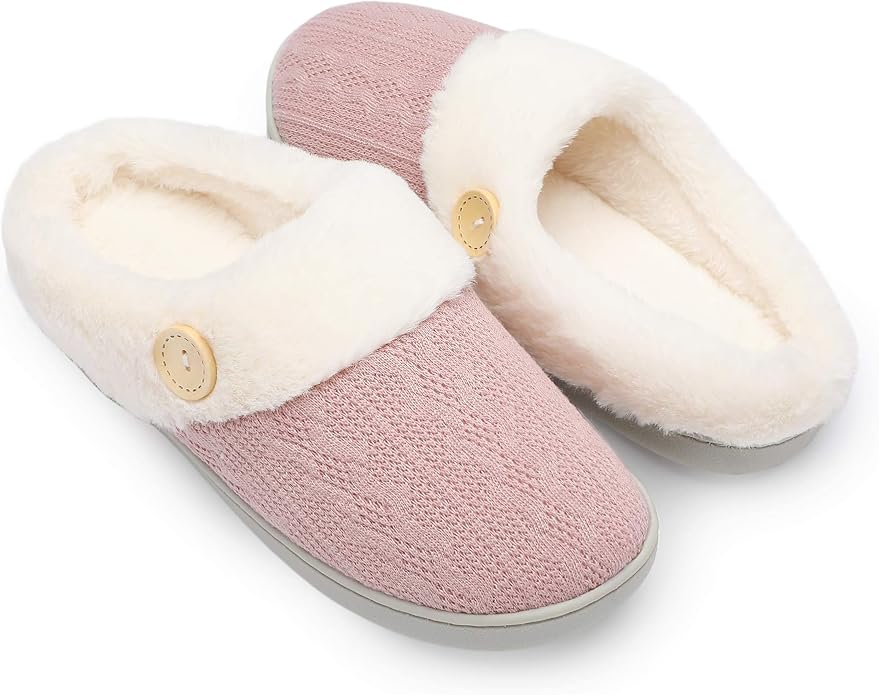 Chantomoo Womens Slipper Warm Comfy Memory Foam House Slippers Knitted Shoes Faux Fur Lined Anti-Skid Rubber Sole Bedroom Cozy Indoor Outdoor Slippers