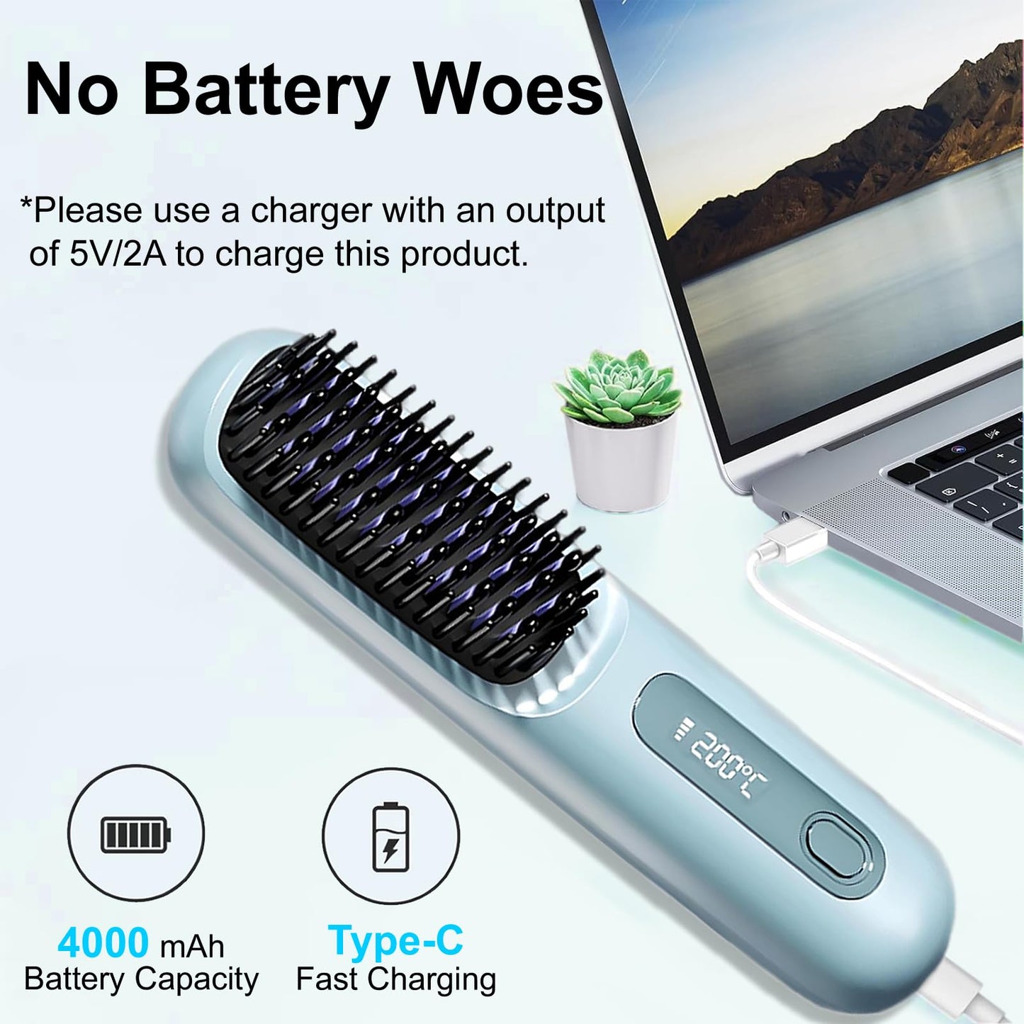 Go Brush Pro 2025 New Cordless Hair Straightener Brush - 199 Million Negative Ions, Compact & Travel-Friendly with LED Display, 4000mAh Rechargeable, Anti-Scald Mini Hot Comb for Women (Blue)