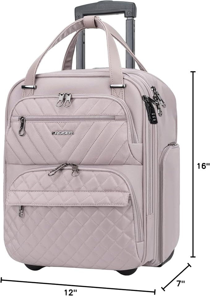 KROSER Carry On Underseat Multi-functional, 16-inch Underseater Lightweight Overnight Suitcase for Women, Dusty Pink
