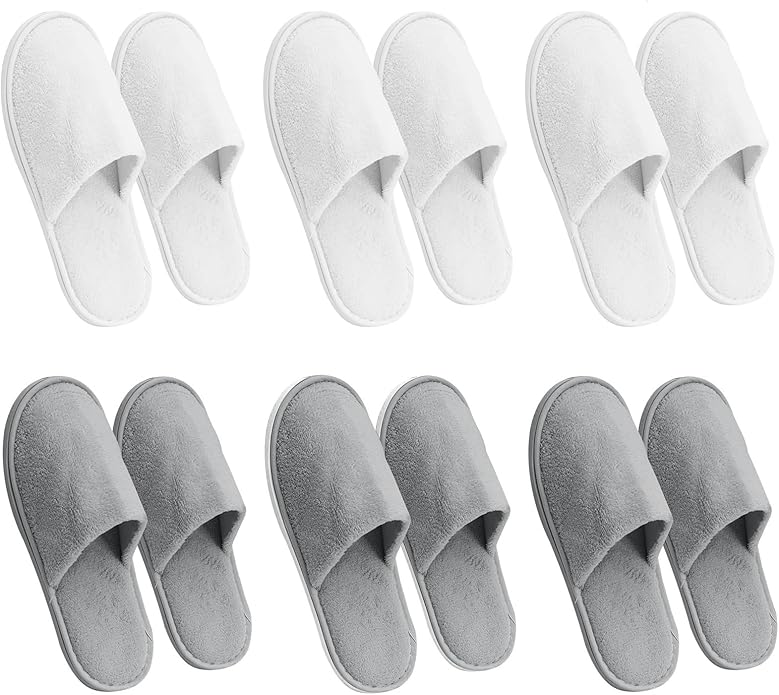 AQUEENLY 6 Pairs Disposable Spa Slippers for Guests, Hotel Slippers, Non-Slip Indoor Slippers for Women & Men, White Grey, Size 9.5-10.5 Women/11-11.5 Men