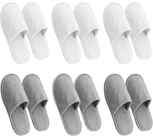 AQUEENLY 6 Pairs Disposable Spa Slippers for Guests, Hotel Slippers, Non-Slip Indoor Slippers for Women & Men, White Grey, Size 9.5-10.5 Women/11-11.5 Men