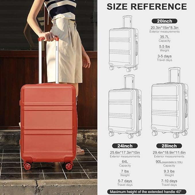 Kono 20'' Carry on Luggage Lightweight with Spinner Wheel TSA Lock Hardside Luggage Durable Small Carry on Suitcase Coral Pink