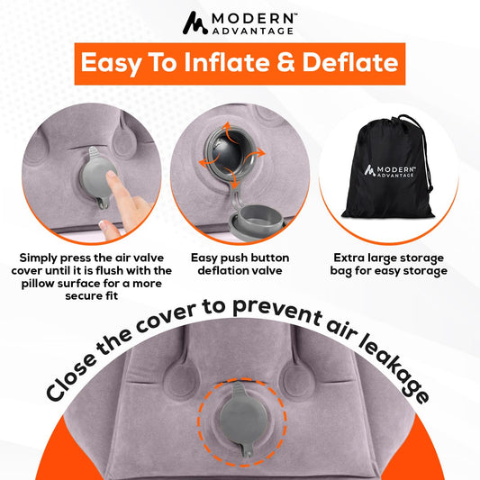Modern Advantage Inflatable Travel Pillow for Airplanes with Adjustable Extra Bottom, Support Head & Chin to Avoid Neck & Shoulder Pain, for Travelling, Office Napping with Eye Mask & Earplug (Grey)