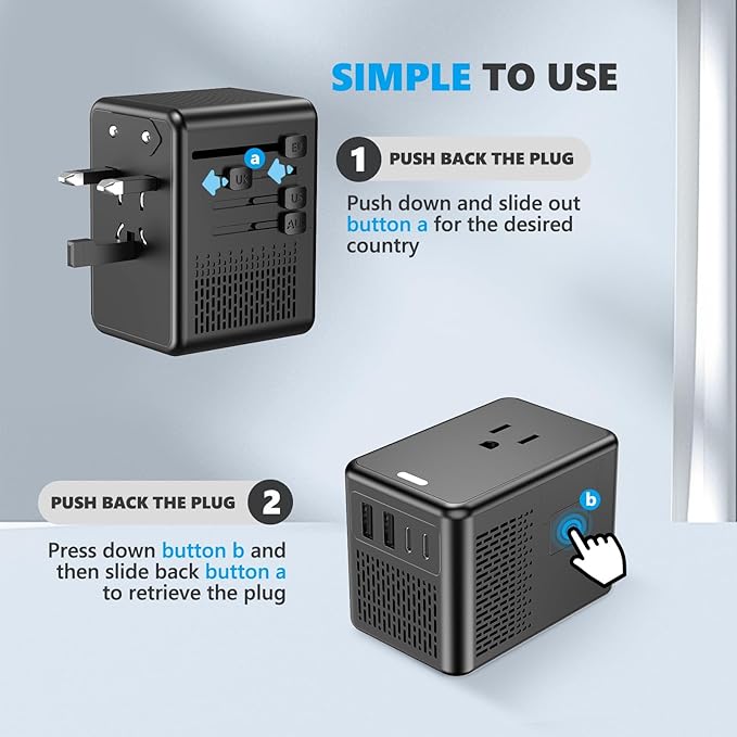 220V to 110V Voltage Converter US to Europe for Hair Dryer with Fast Charging 2 USB A 2 USB C, Power Converter Adapter Combo International Adapter A C G I (Black)