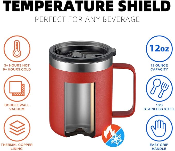 ALOUFEA 12oz Stainless Steel Insulated Coffee Mug with Handle, Double Wall Vacuum Travel Mug, Tumbler Cup with Sliding Lid, Red