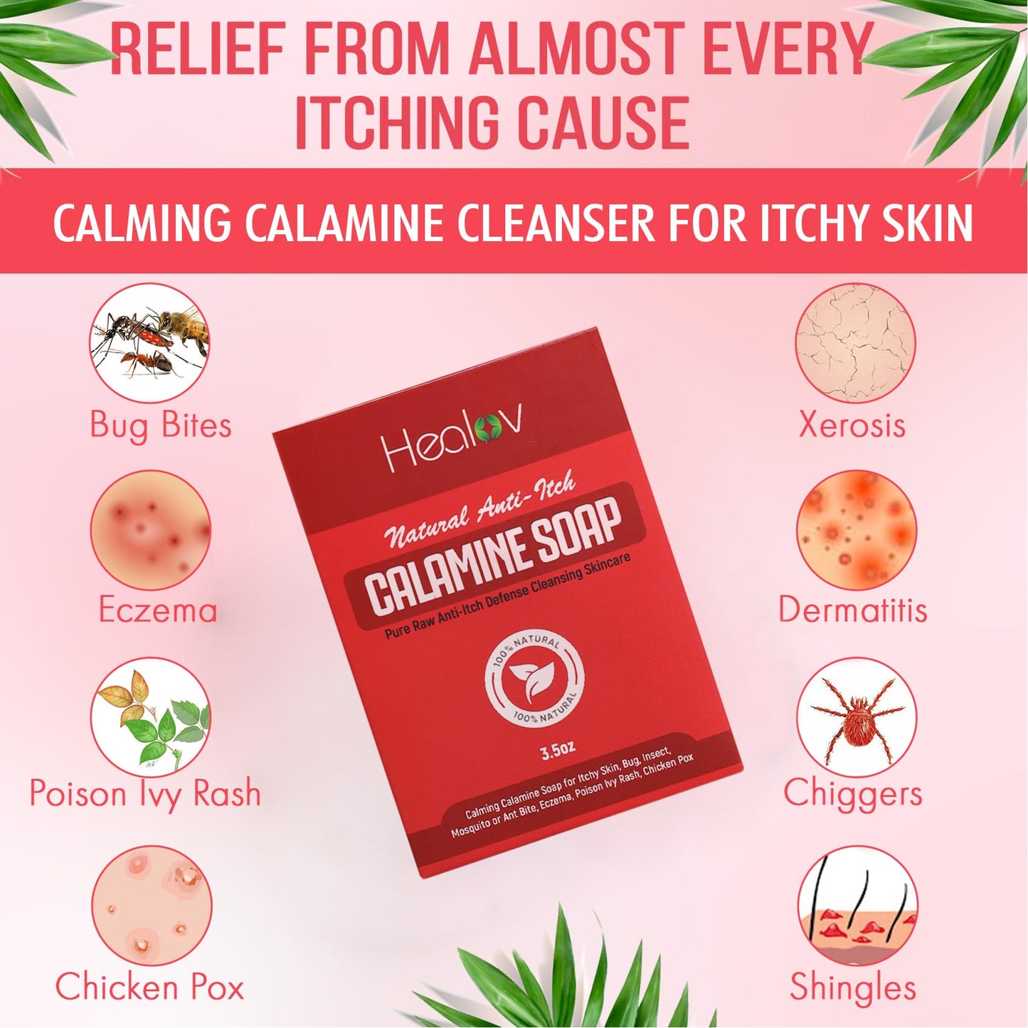 Calamine Soap Bar for Itching – All Natural Instant Itch Relief – Calming Calamine Soap for Itchy Skin, Insect Bite, Eczema, Ivy Rash, Chicken Pox – Pure Raw Anti-Itch Defense Cleansing Skincare
