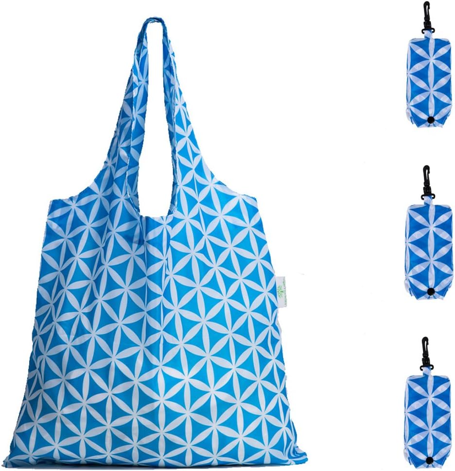HOLYLUCK Reusable Grocery Bags,Heavy Duty Foldable Shopping Tote Bag (Standard, 3 Blue Geometric Flowers)