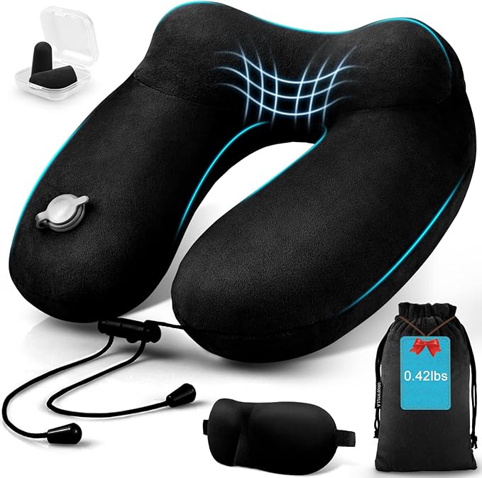 urophylla Inflatable Travel Neck Pillow for Airplanes, Super Soft Velvet Neck Support, Adjustable Firmness, Blow Up Plane Pillow for Long Flights, Road Trips, Travel Essentials with Eye Mask, Earplug