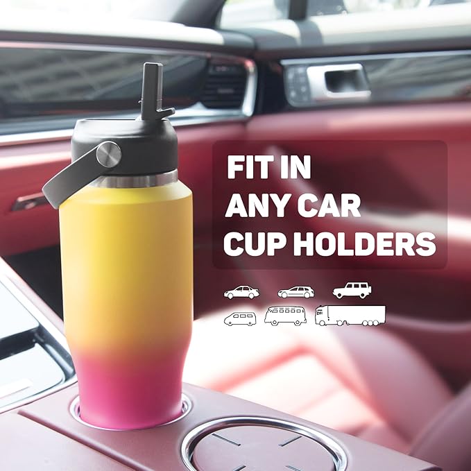 32oz Water Bottle with Powder Coated, Fit in Any Car Cup Holder, Water Bottle with Straw Lids, Stainless Steel Insulated Water Flask Double Wall Leak-proof BPA Free to Keep Cold&Hot