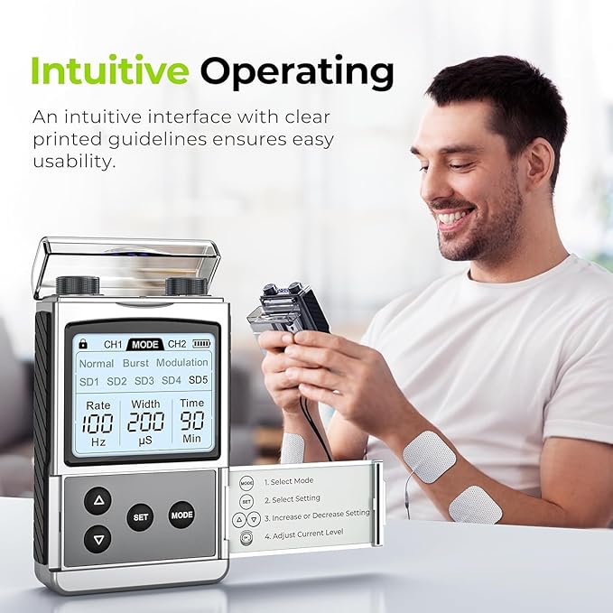 AUVON Rechargeable TENS Unit Muscle Stimulator, FSA HSA Eligible, Digital TENS Machine with 8 Customizable Modes, Electronic Massager for Sciatica, Shoulder & Back Pain Relief, 12 Pads, A Carry Case