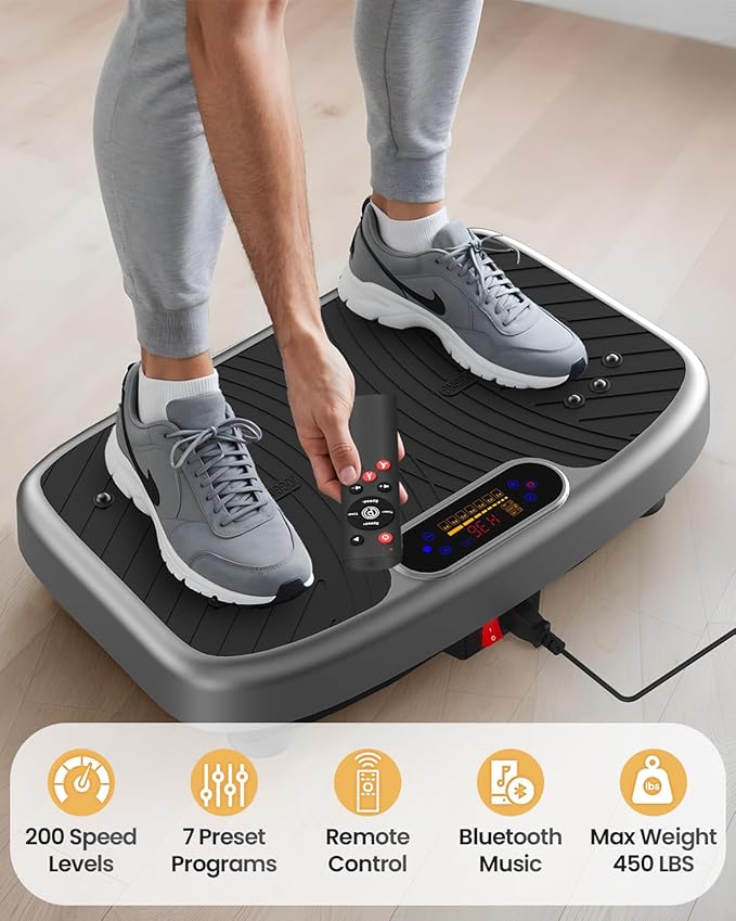 Vibration Plate Exercise Machine, Vibrating Plate Platform for Lymphatic Drainage with 200 Adjustable Speeds, Power Vibration Plate for Weight Loss & Fitness, Supports Max Weight 450 Lbs