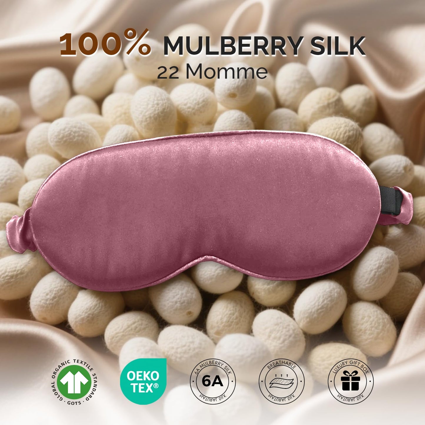 SilkSilky 100% Mulberry Silk Sleep Mask - 22 Momme Grade 6A 3D Contoured Blackout Eye Mask for Women & Men, Adjustable Soft Breathable Eye Covers for Sleeping (Pale Mauve)
