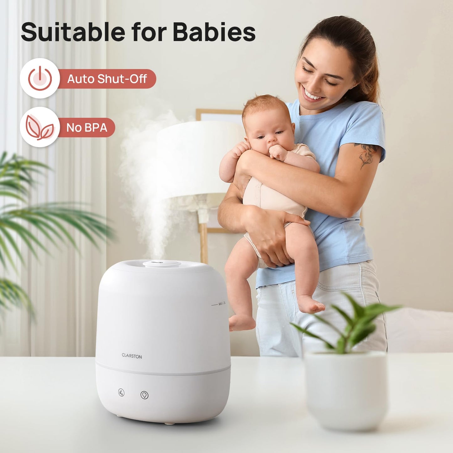 Clarston 2L Cool Mist Humidifier for Bedroom with 360° Adjustable Nozzle, High and Low Mist Levels, Ultra-Low Noise, Light-Off, No BPA, Auto Shut Off, Ideal Baby Humidifier with Easy Top Filling
