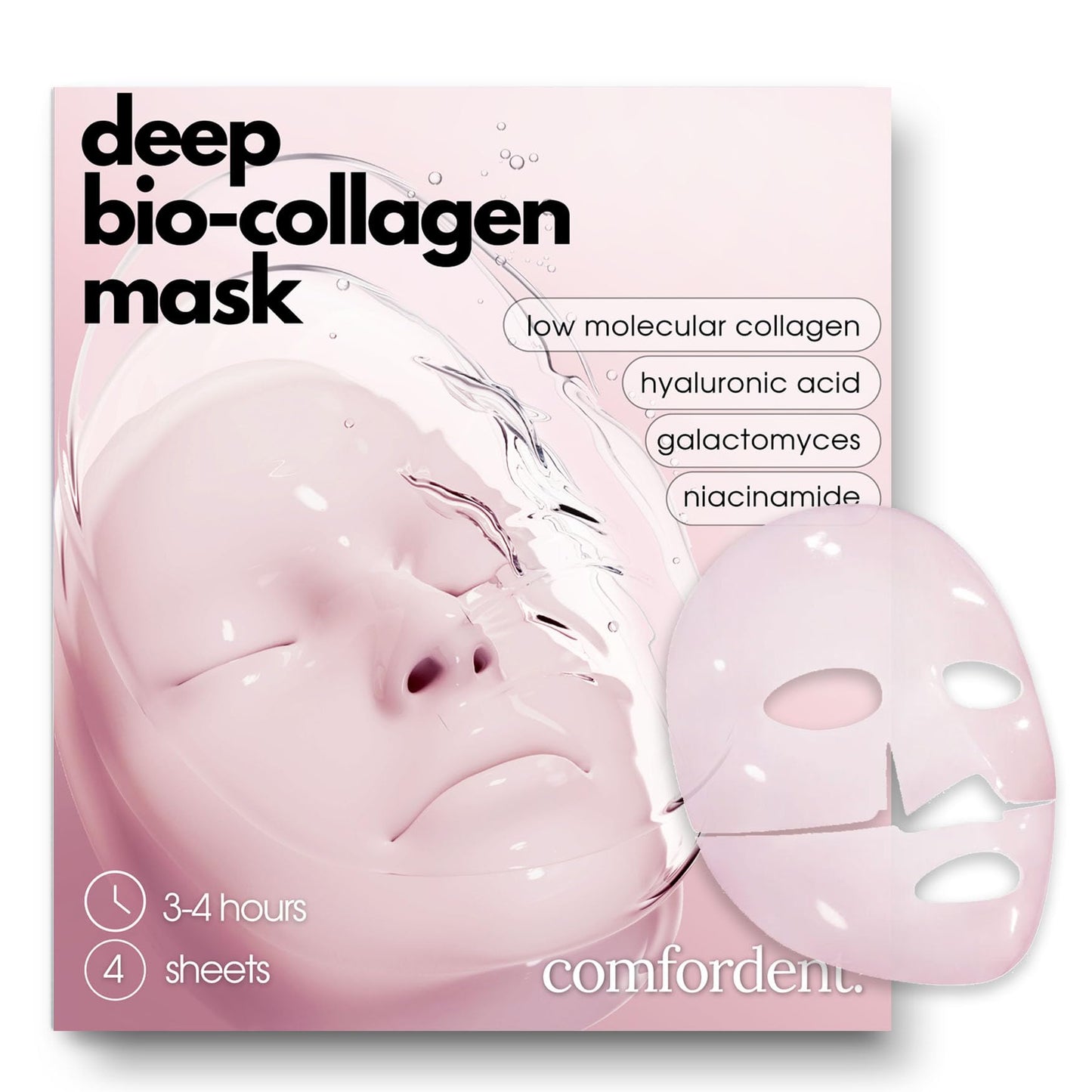 Bio Collagen Intense Hydrogel Melting Face Mask with Hyaluronic Acid, Galactomyces & Niacinamide for Deep Overnight Hydration and Skin Revitalization, 4 Sheet Masks, Pink