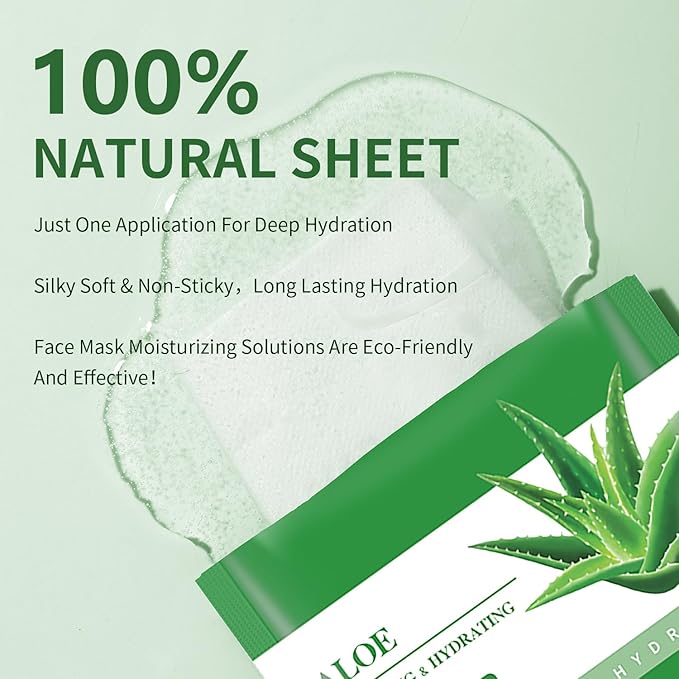 Aloe Vera Soothing Mask Hydrating Face Masks Skincare Moisturizing Facial Sheet Mask Skin care for Dry, Oily, Sensitive Skin Face Mask for Acne, Sun Care, Calming, Refreshing 25ml/0.88oz, 10 Pack