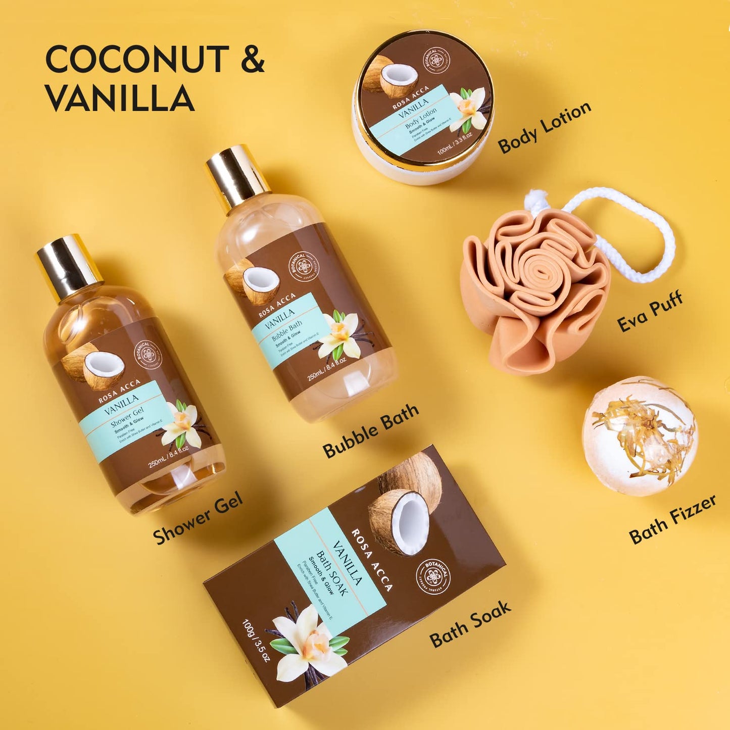 Spa Gift Basket for Women and Men, 7pcs Vanilla Coconut Bath and Body Self Care Set With Bath Bomb, Relaxation, Shower Gel, Parfume Lotion, Spa Kit, Skin Care Set, Birthday, Bridal Shower, Christmas